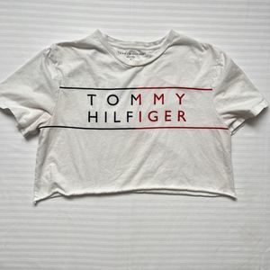 Women’s Tommy Hilfiger Sz M  White Logo Crop T Shirt Raw Hem